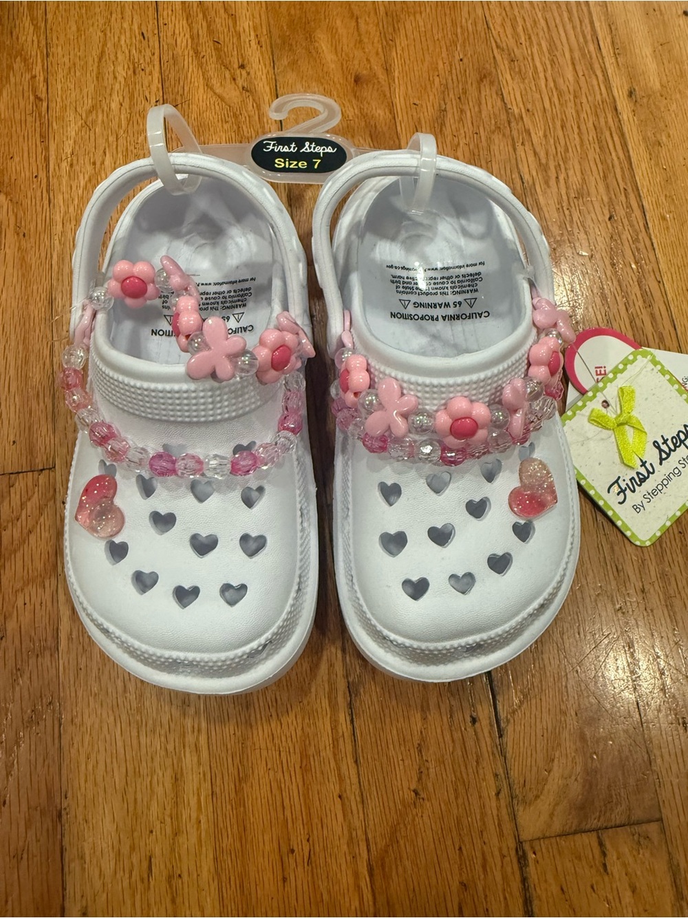 First Steps White Sandals with Pink Beaded Accents - Size 7